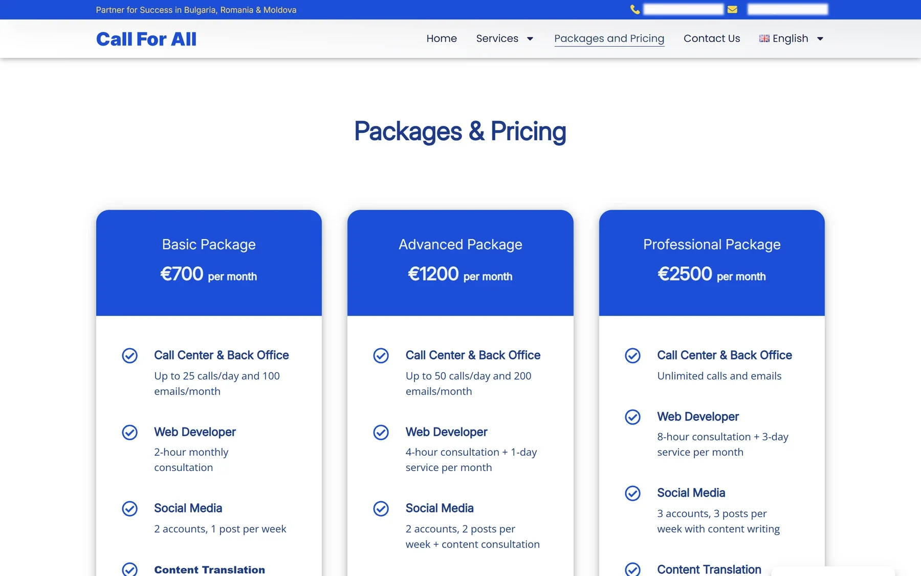 Current Call For All package and pricing comparison interface