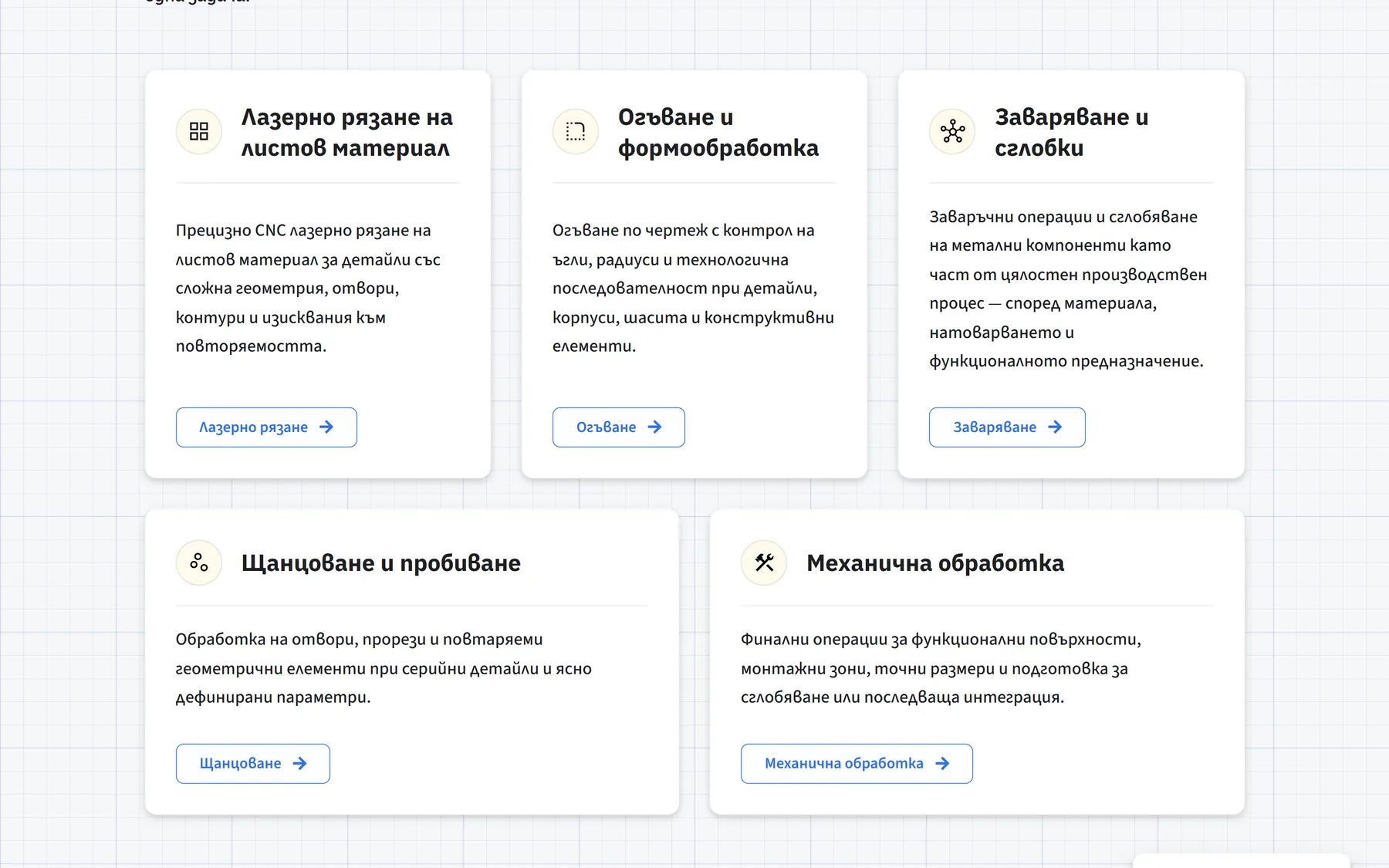 Current Bulgarian Metaloobrabotka service overview showing the manufacturing service categories