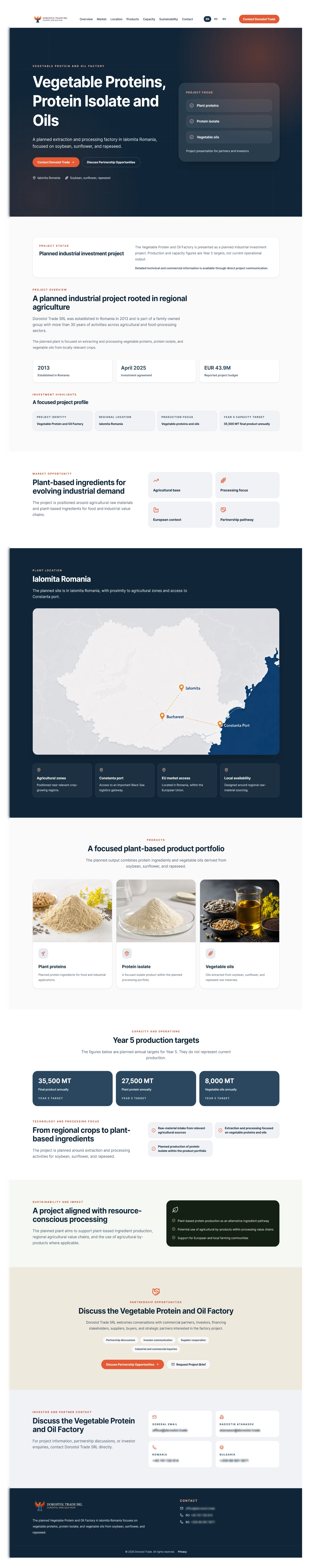 Current English Dorostol Trade production homepage presenting the vegetable protein and oil factory investment project